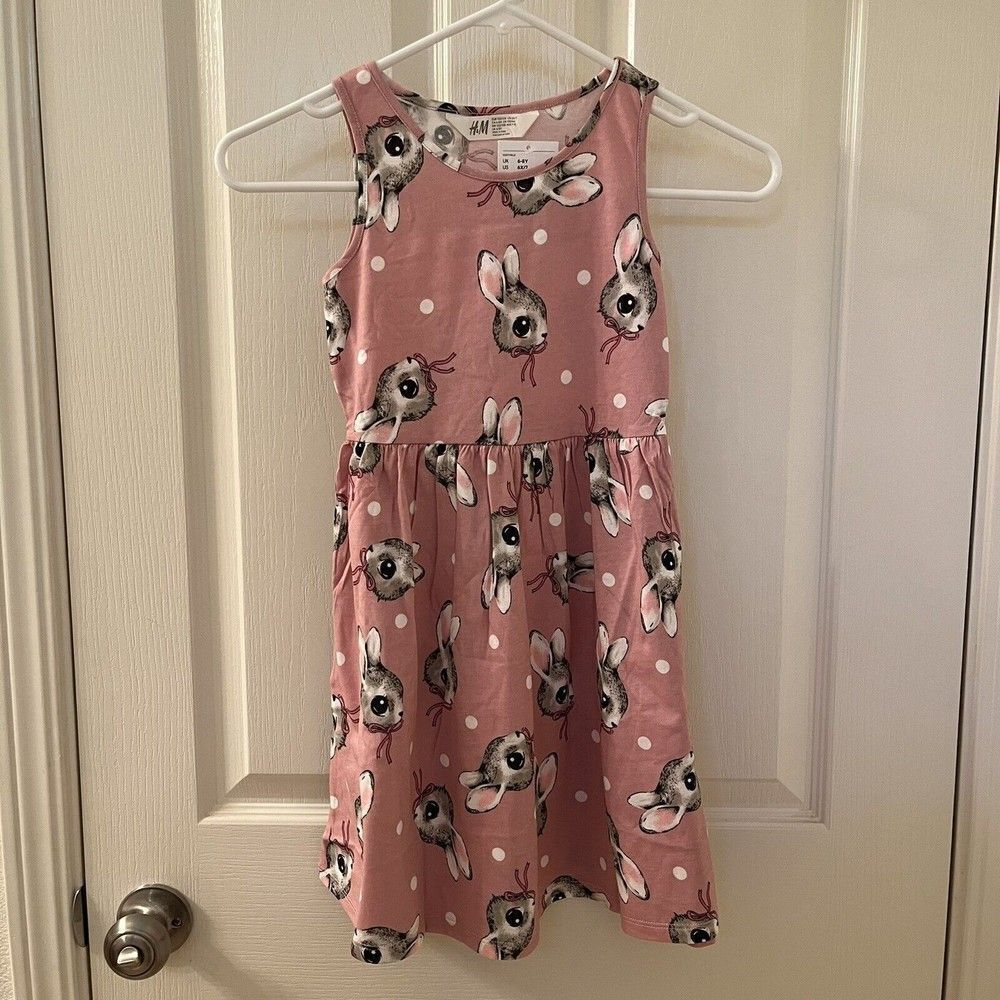 H&M Bunny Rabbit Bunnies Polka Dot Tank Dress Pink Girls Size 6X-7 yrs NWT